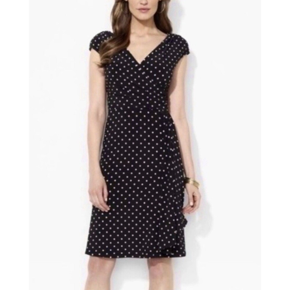 Lauren Ralph Lauren Polka Dot Faux Wrap Dress Black White Jersey Women’s 12